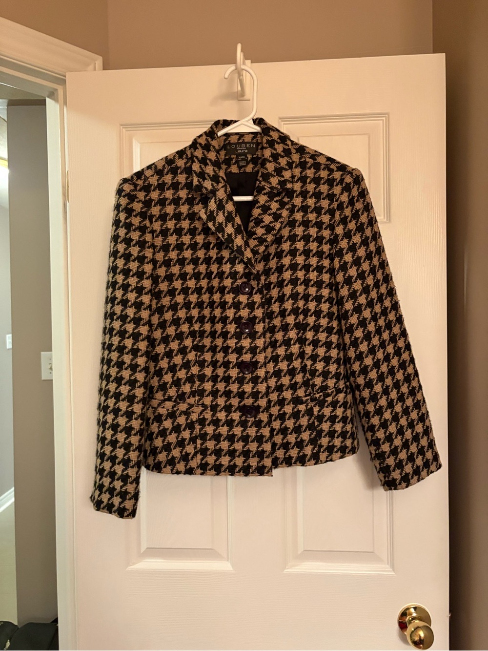 LOUBEN Houndstooth Wool Blend Button Jacket - Black & Tan